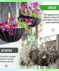 Comparison of healthy flowers in a black fabric hanging basket vs. withered plants in a wire basket with coconut coir.