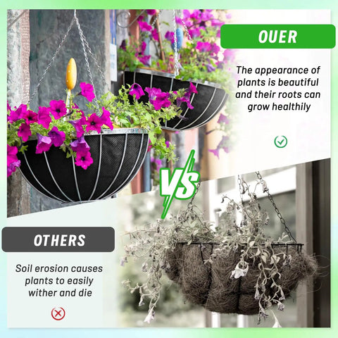 Comparison of healthy flowers in a black fabric hanging basket vs. withered plants in a wire basket with coconut coir.