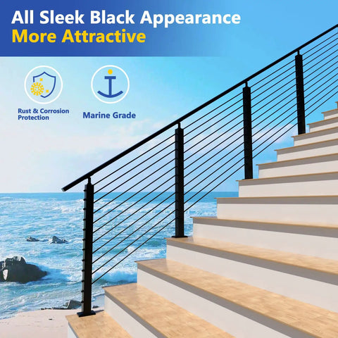 20 Pack 0.35 Inch Inner Diameter T316 Marine Grade Stainless Steel Angle Beveled Washers With 33 Degree Bevel For Five Sixteenth Inch Cable Railing Hardware Aluminum Rugged Outdoor Ready End Posts Black installed on outdoor stair railing by ocean