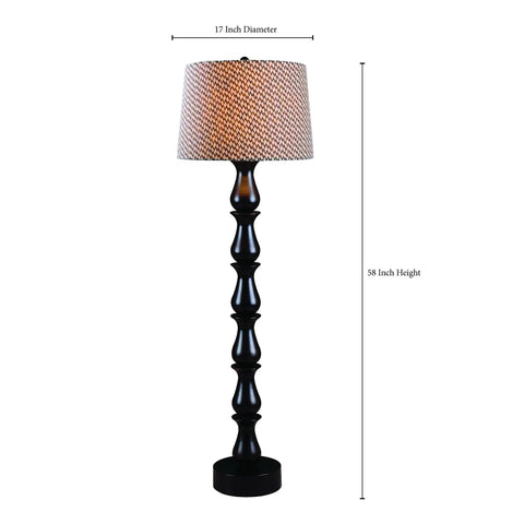Modern Eclectic Floor Lamp With Oil Rubbed Bronze Finish, 58 Inch Tall, Brown And Cream Ikat Drum Shade, Stacked Urn Design