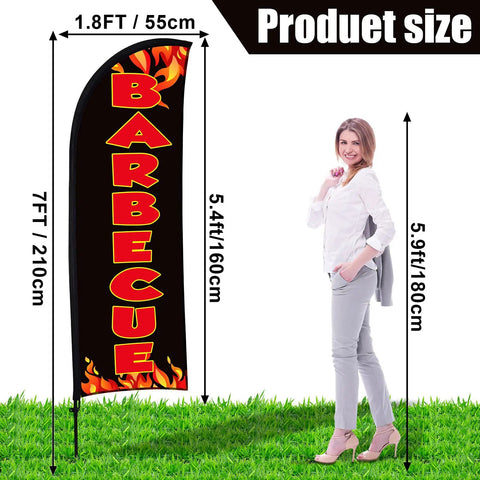 Two Pack Barbecue Feather Flag Kit With Ten Flag Poles displayed with size dimensions for outdoor restaurant advertising