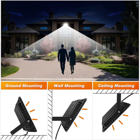 100W LED Flood Light Outdoor 2 Pack with 10000LM Hella Bright IP66 Waterproof Security Lights illuminating a house at night