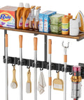 All In One Broom Holder Wall Mount With Cleaning Supplies Organizer for Laundry Room Storage Shelves and Mop Hanger Rack With Gripper Hooks