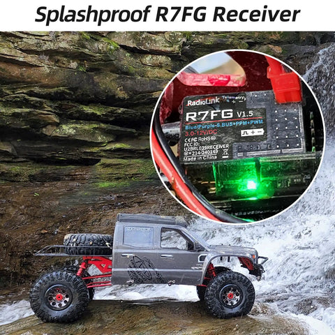 Beefed Up 7 Channel RC Transmitter With Waterproof Gyro Receiver shown with RC crawler near waterfall, highlighting splashproof feature.
