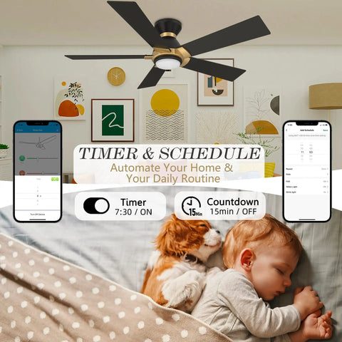 Lit Wifi Led Ceiling Fan With Remote And App Control, Timer And Schedule, displayed with sleeping child and smartphones