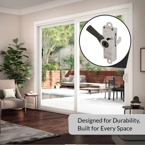 Heavy Duty Steel Housing With Black Plastic Latch For Patio Sliding Doors Non Handed Handle Set Diecast And Steel Construction Tan Corrosion Resistant Finish Works With Multiple Door Manufacturers installed on glass patio door