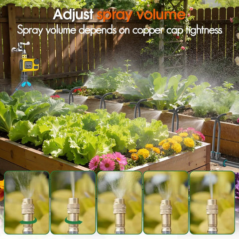Drip Irrigation Kit With Smart Water Timer For Garden Yard And Greenhouse, showing copper nozzles watering plants.