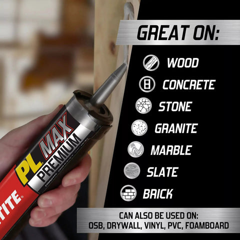 Heavy Duty Construction Adhesive For Wood Concrete Stone And More Premium Max Strength Bond That Stays 100 Percent Solid After Curing In A 9 Oz Cartridge 1 Pack in use on wood
