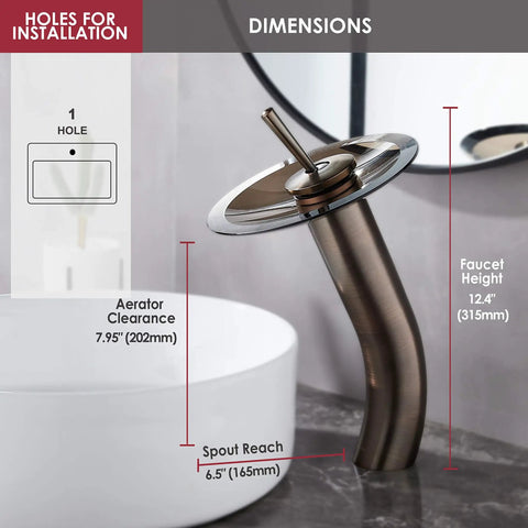 Waterfall Bathroom Faucet With Single Handle Solid Brass Construction Oil Rubbed Bronze Finish Tall Vessel Sink Vanity Faucet Upgrade Your Bath With Durable Stainless Steel Mounting Hardware next to a white vessel sink