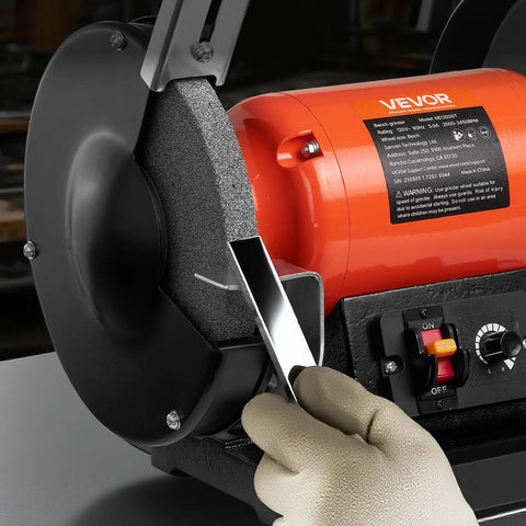 High Octane 8 Inch Variable Speed Bench Grinder delivering 550 Watt power, metal sharpening with 36 grit wheel in use.