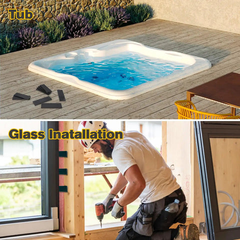 Top view of a swimming pool with Solid Plastic Shim Set For Leveling And Drywall Applications, glass installation in progress