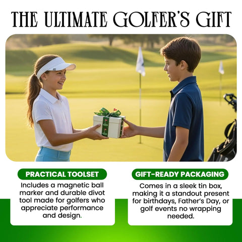 Two children on a golf course exchanging a gift box, featuring a Funny Golf Ball Marker With Magnetic Hat Clip.