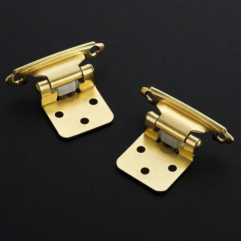 Top Shelf Gold Cabinet Hinges Four Pack Semi Concealed One Half Overlay Smooth Self Closing Silent Glide Soft Close Heavy Duty Hardware For Kitchens And Storage Solutions showing two gold hinges.