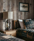 Rustic bedroom with Gray Shiplap Peel And Stick Wallpaper Wood Contact Paper For Walls And Countertops Easy Install Self Adhesive Durable Distressed Look 14.75 Sq Ft Roll 17.7 In By 118.1 In Rustic Woodgrain Finish Home Makeover on walls.