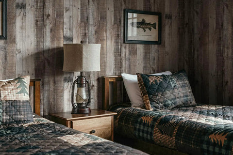 Rustic bedroom with Gray Shiplap Peel And Stick Wallpaper Wood Contact Paper For Walls And Countertops Easy Install Self Adhesive Durable Distressed Look 14.75 Sq Ft Roll 17.7 In By 118.1 In Rustic Woodgrain Finish Home Makeover on walls.