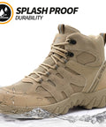 Heavy Duty Steel Toe Work Boots for Men Breathable High Top Safety Shoes Built Tough for Construction and Industry Premium Comfort Lightweight Yet Indestructible with Anti Puncture Kevlar Insole Brown splashing in water