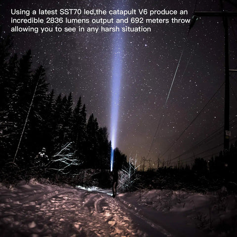 Night scene with person using Catapult V6 SST70 USB C Rechargeable Flashlight With 2836 Lumens And 692m Beam Distance