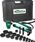 Pro-Grade 15 Ton Hydraulic Knockout Punch Kit With 10 Dies For 1/2 To 4 Inch Conduit, Slug Removal, And Rugged Storage Case.