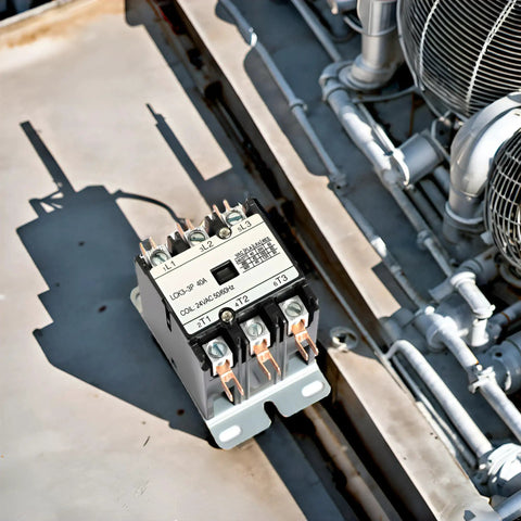 Outdoor installation of Three Pole 40 Amp 24 Volt AC Coil Definite Purpose Air Conditioner Contactor With Quick Connect Terminals shown.