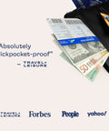 Hidden Travel Belt Wallet With RFID Blocker, Ultra Slim And Durable, displaying open compartments with cards and cash visible.
