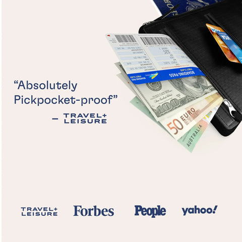 Hidden Travel Belt Wallet With RFID Blocker, Ultra Slim And Durable, displaying open compartments with cards and cash visible.