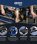 Two people assembling Beast Heavy Duty Shop Stool With Backrest, 500 Lb Capacity Rolling Garage Stool With Tool Storage, Cupholder And 360 Degree Wheels For Mechanic, Workshop And Home Garage, showing large storage drawer, quick access, optional trays, and extra tool caddy features.