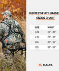 Back view of hunter in Hunters Elite Safety Harness with sizing chart for TrueTimber Strata Camo outfit and accessories.
