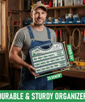 Person holding Built Tough Heavy Duty Bolt Nut Washer Set 467 Piece Assortment Kit in workshop, size marked on organizer box.