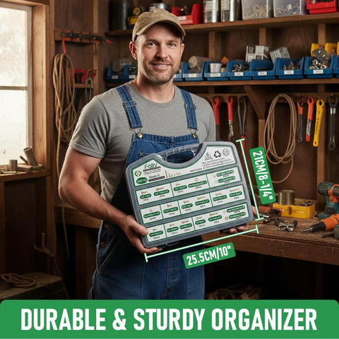 Person holding Built Tough Heavy Duty Bolt Nut Washer Set 467 Piece Assortment Kit in workshop, size marked on organizer box.