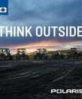 Line of off-road vehicles under sunset with 'Think Outside' text, related to Ranger Maintenance Kit For 1000 XP And 1000 Crew XP Models With Demand Drive Fluid AGL Fluid PS4 5W50 Full Synthetic Oil Air Filter Oil Filter OEM Part 2830556.