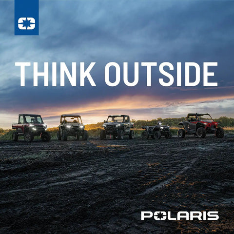 Line of off-road vehicles under sunset with 'Think Outside' text, related to Ranger Maintenance Kit For 1000 XP And 1000 Crew XP Models With Demand Drive Fluid AGL Fluid PS4 5W50 Full Synthetic Oil Air Filter Oil Filter OEM Part 2830556.