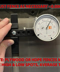 Professional Table Saw Alignment Gauge Pins Blade And Fence Square And True For Miter Slot Calibration shown in use with dial indicator.