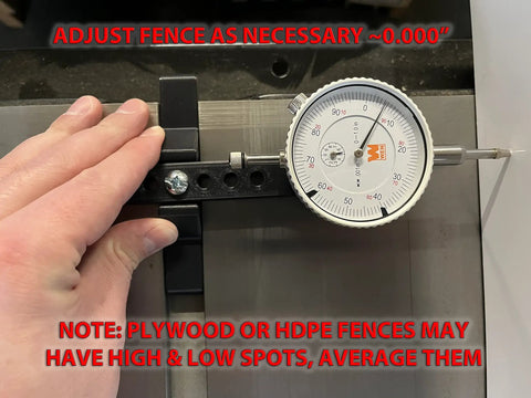 Professional Table Saw Alignment Gauge Pins Blade And Fence Square And True For Miter Slot Calibration shown in use with dial indicator.
