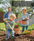 Child using Two Pack 27 Inch Kids Shovels with wood handles and metal heads for sand digging, with parents in a garden setting