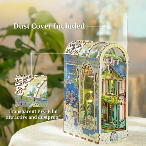 DIY Book Nook Kit For Grownups 3D Wooden Miniature House Puzzle With LED Lights Dust Cover And Bookend Insert Giverny Garden Edition