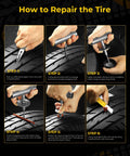 Step-by-step guide using Pro Grade Tire Repair Kit With Plugs For Punctures And Flats, Heavy Duty Flat Tire Fix on a tire.