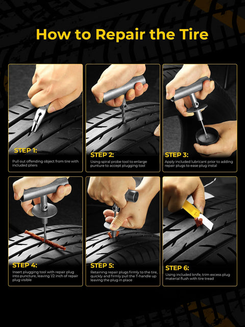 Step-by-step guide using Pro Grade Tire Repair Kit With Plugs For Punctures And Flats, Heavy Duty Flat Tire Fix on a tire.