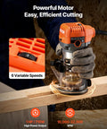 Heavy Duty Rock Solid 1 HP Wood Router 710W Variable Speed Palm Router with variable speed control cutting wood.