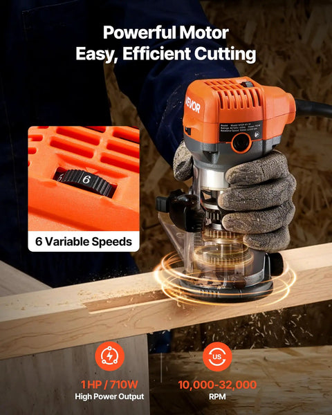 Heavy Duty Rock Solid 1 HP Wood Router 710W Variable Speed Palm Router with variable speed control cutting wood.