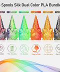 Two Tone Silk PLA Filament Bundle 1.75mm 250g Each Six Spools Coextruded Metallic Silk Finish For 3D Printing Includes Black Red Purple Green Blue Green Red Gold Gold Copper Black Orange, showcasing colorful gnome prints.