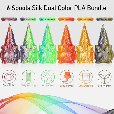 Two Tone Silk PLA Filament Bundle 1.75mm 250g Each Six Spools Coextruded Metallic Silk Finish For 3D Printing Includes Black Red Purple Green Blue Green Red Gold Gold Copper Black Orange, showcasing colorful gnome prints.