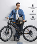 Man standing with Powerful 500W Electric Mountain Bike for Adults With 27.5 Inch Wheels, 48V 499Wh Removable Battery, 21 Speed Gears