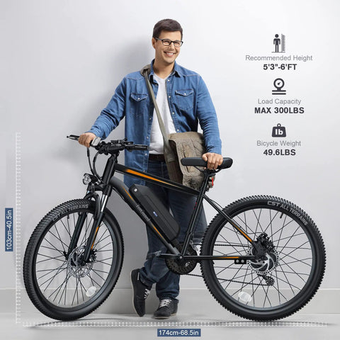 Man standing with Powerful 500W Electric Mountain Bike for Adults With 27.5 Inch Wheels, 48V 499Wh Removable Battery, 21 Speed Gears