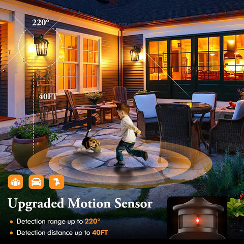 Two Pack Motion Sensor Outdoor Wall Lights dusk to dawn waterproof lanterns illuminating porch, showing 220° detection range.