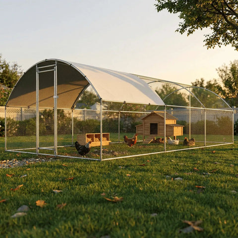 Spacious Walk In Dome Roof Chicken Coop With Run For Backyard Ducks And Rabbits With A Galvanized Heavy Duty Steel Frame outdoors