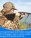 Hunter using 8 Round Tactical Shotgun Shell Holder for Buttstock 12 Gauge 20 Gauge Ammo Carrier in rugged outdoor setting
