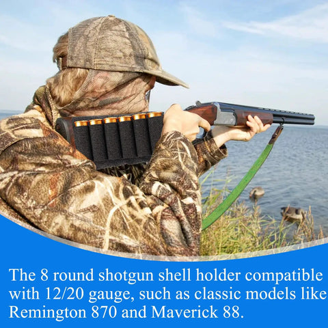 Hunter using 8 Round Tactical Shotgun Shell Holder for Buttstock 12 Gauge 20 Gauge Ammo Carrier in rugged outdoor setting