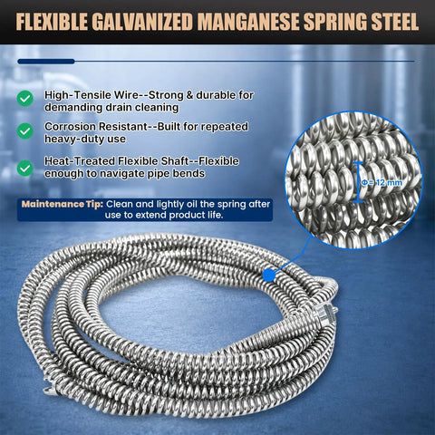 Flexible Galvanized Manganese Spring Steel for Tough As Nails 32 Foot Drain Snake And Auger Kit, durable and heat-treated for cleaning.