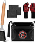 Six-Piece Bristle-Free Grill Cleaning Kit with 3 replacement heads, heavy-duty brush, gloves, and 15L foldable water bucket