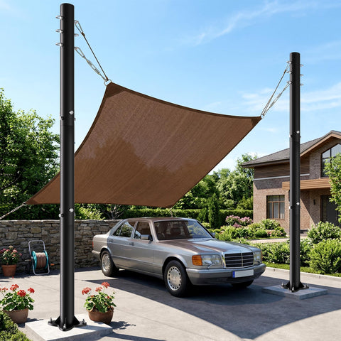 Car parked under shade sail supported by 2 Pack 10-Foot Shade Sail Poles, 2.6 Inch Diameter Steel Heavy Duty, Wind Resistant Shade Pole Kit.